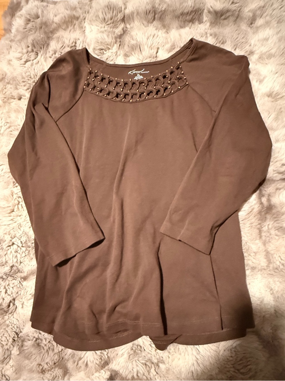 Kim Rogers Brown Embellished Scoop Neck Long Sleeve Top